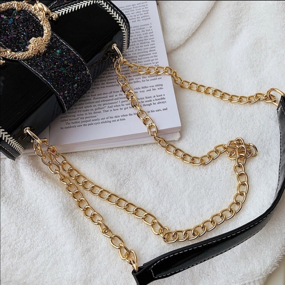 Graphite Chain Glitter Leather Shoulder Bag / Crossbody Bag (Black) - Picture 5 of 7